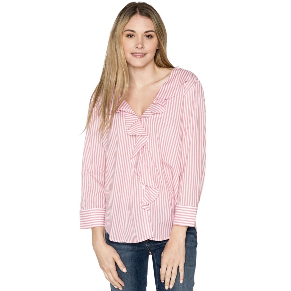 Velvet by Graham & Spencer Hama Striped  Blouse in White/Pink, Size M